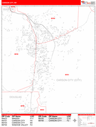 Carson City Wall Map Zip Code Red Line Style 2024